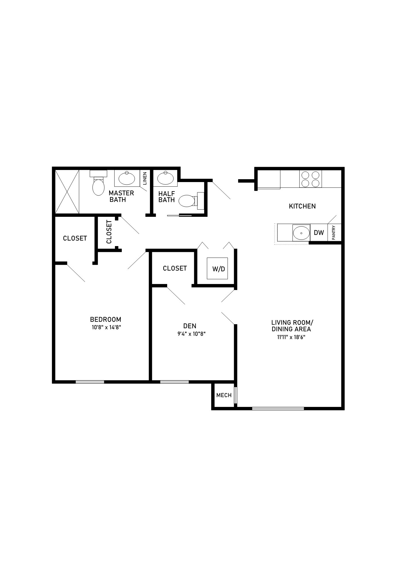 Birch floor plan 1 bedroom 1.5 bathroom and den